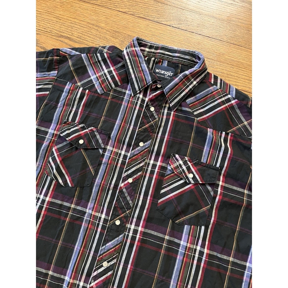 VTG Wrangler Long Sleeve Pearl Snap Shirt Men's‎ 2XL XXL Cowboy Black Plaid